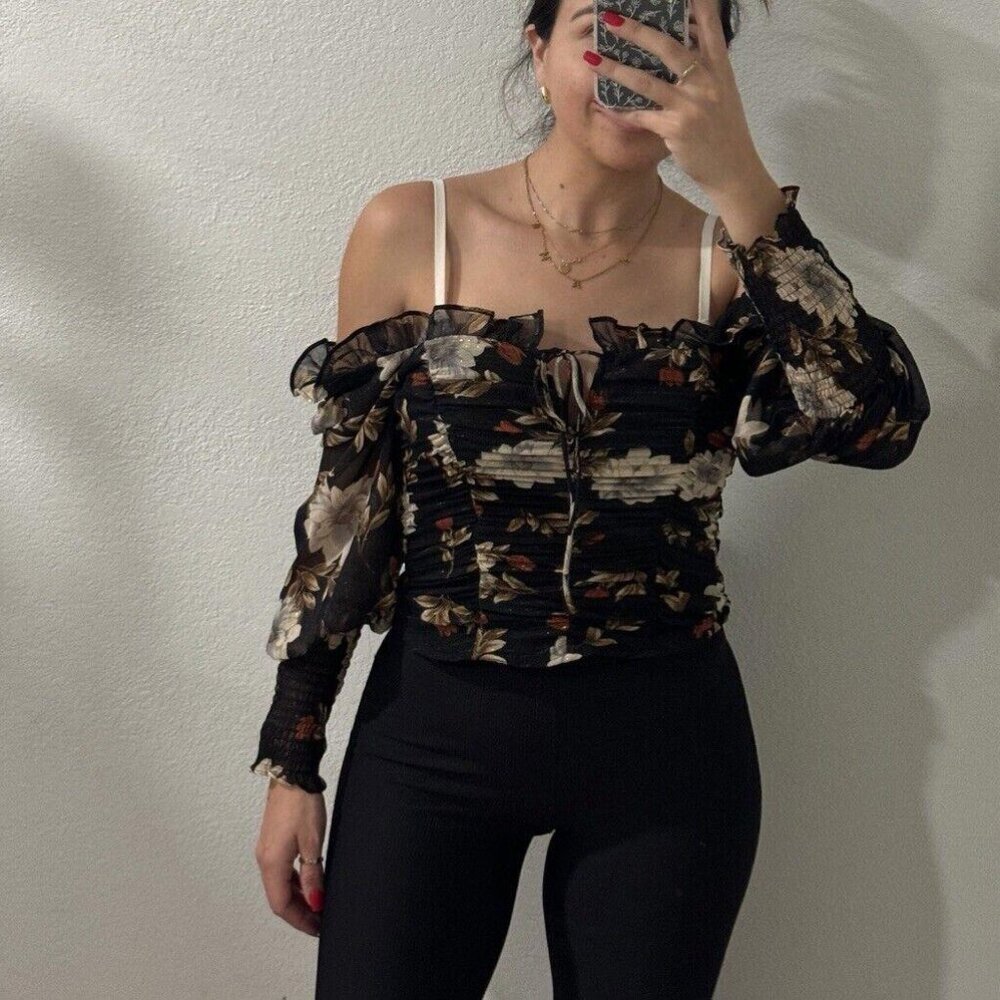ASTR the Label Ruched Square Neck Top in Black Multi Floral at Nordstrom Size M
